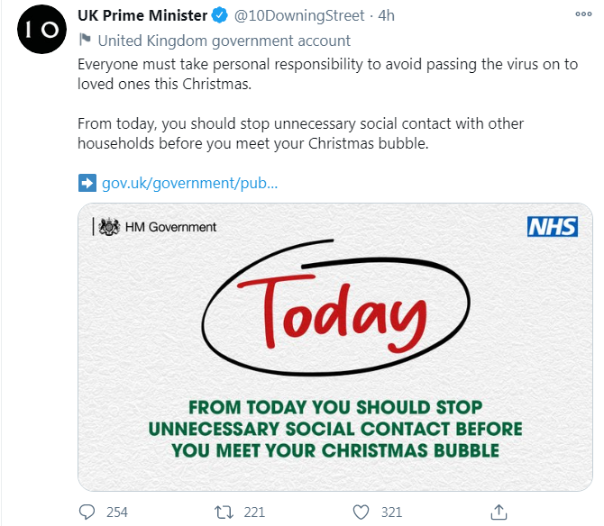 PM No 10 tweet re taking responsibility to avoid passing on the virus
