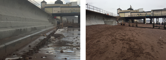Before and after shots of Teignmouth beach after stormy seas moved sand