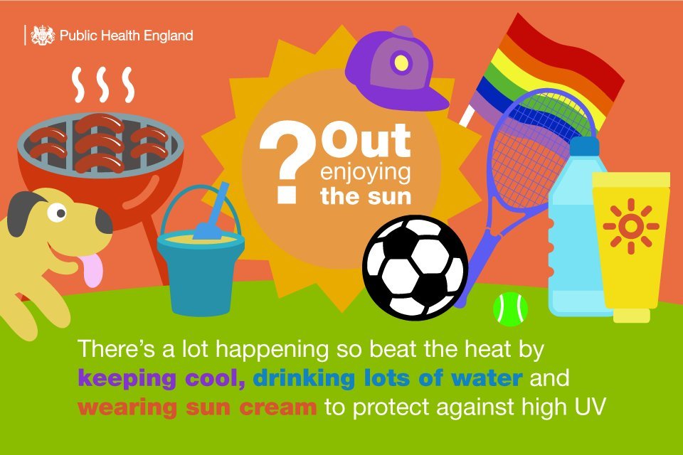 Out enjoying the sun?  Beat the heat by keeping cool, drinking lots of water and wearing sun cream to protect against high UV