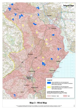 Map of Teignbridge showing possible sites for wind generation