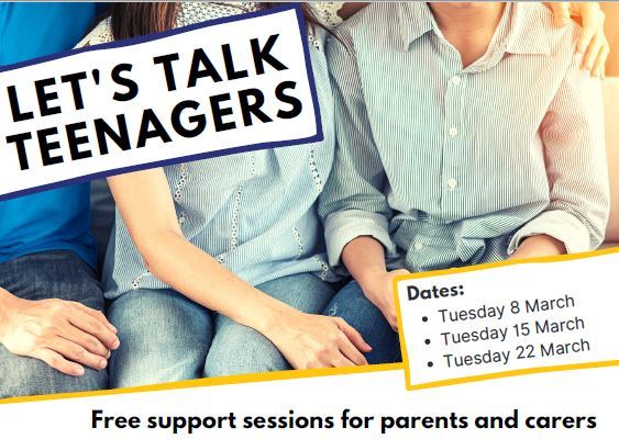 Let's talk teenagers banner. Free support sessions for parents and carers.  Webinar dates
