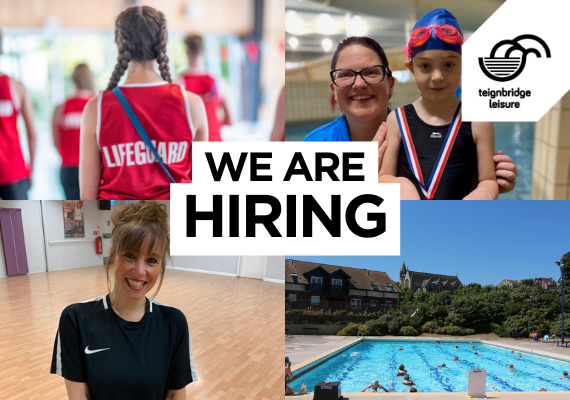 Four leisure centre images with text "We are hIring" in the centre