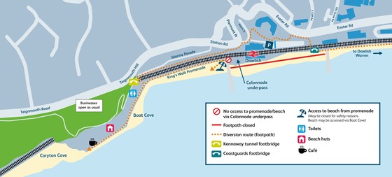 Graphic showing Dawlish sea wall and how to access the beach while construction work underway