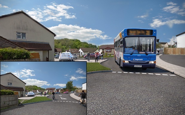 Montage of images - a bus, pedestrians ad cyclists