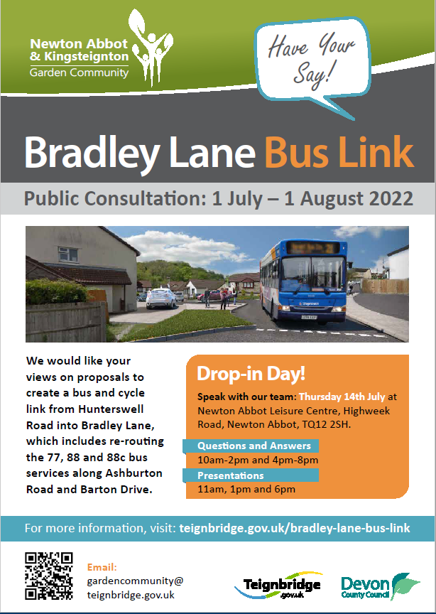Poster image - Bradley Lane Bus Link.  Public consultation : 1 July to 1 August 2022.  Have your say