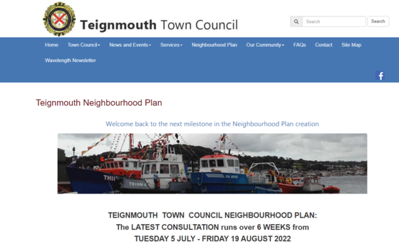 Teignmouth Town Council website with neighbourhood plan consultation details