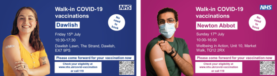 Walk-in Covid-19 vaccinations in Buckfastleigh and Dawlish