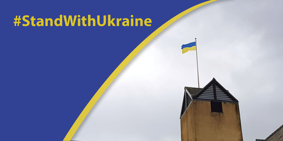 Ukraine flag flying over Forde House , #StandWithUkraine