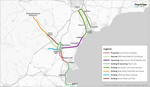Map showing the proposed South Devon Cycleway in red dots and how it links into other current or planned routes