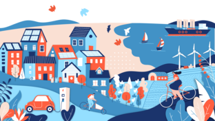Graphic showing a local environment including homes with solar panels, a car being re-charged, cycling, wind turbines and coastal images