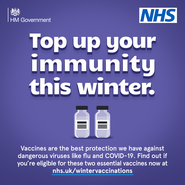 HM Government. NHS. Top up your immunity this winter. Vaccines are the best protection we have against dangerous viruses like flu and Covid-19