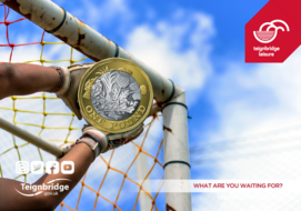 Join for a coin. Arms outstretched in the corner of a football goal net holding a coin.  Teignbridge Leisure logo