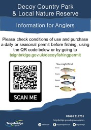 Decoy Country Park and Loc al Nature Reserve Information for anglers poster - contains a QR code for buying a fishing permit