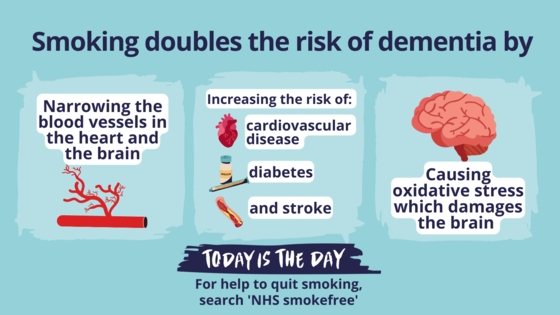 Smoking doubles risk of dementia by narrowing blood vessels, increasing risk of cardiovascular disease, diabetes & stroke, causing oxidative stress