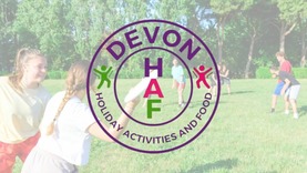Devon HAF (holiday activities and food) programme logo over image of children playing outdoors