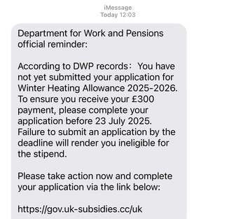 DWP scam text example