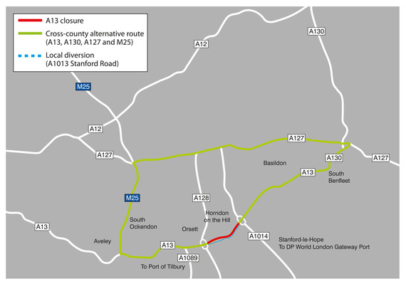 A13 Full Closure Diversion Map