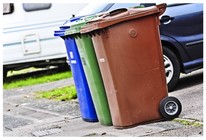 Three bins - black, blue,brown