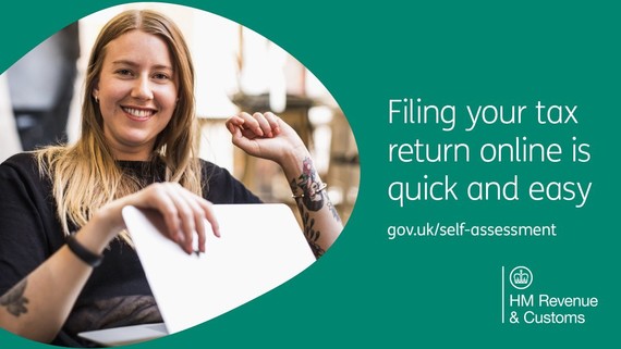 HMRC Self assessment pic of woman at laptop and text filling your tax return online is quick and easy 