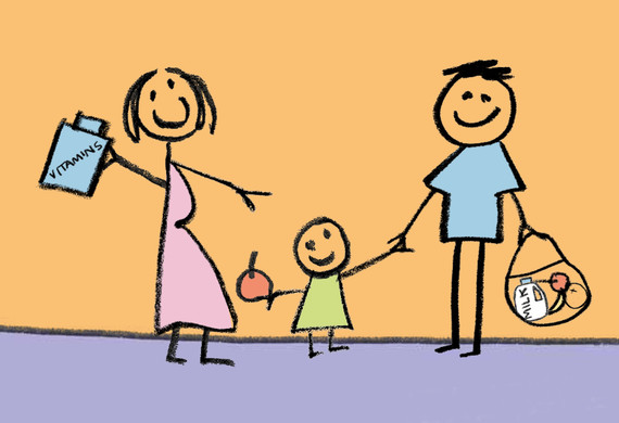 An animated family (Mother, Father, daughter) holding a bag of groceries and a bottle of vitamins.