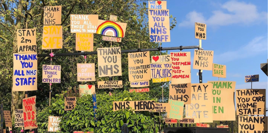 Signs thanking the NHS during lockdown on Roman Road in Tower Hamlets 