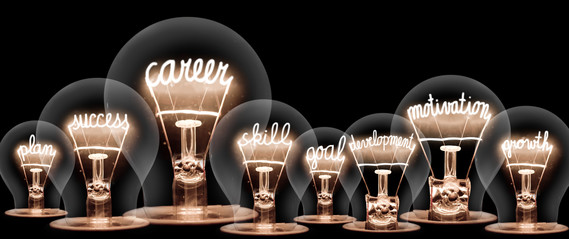 Photo of light bulbs with career concept related words: plan, success, career, skill, goal, development, motivation and growth. 
