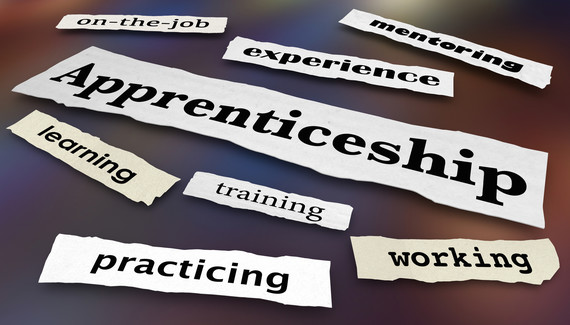 Apprenticeship newspaper headlines with words: apprenticeship, on-the-job, mentoring, experience, learning, training, working and practising.    
