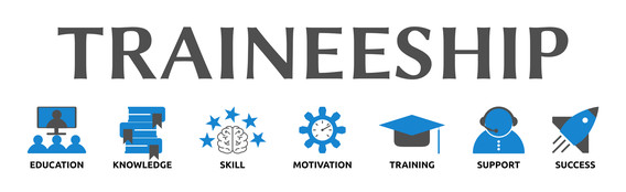 Traineeship illustration banner with icons and keywords: education, knowledge, skill, motivation, training, support and success. 