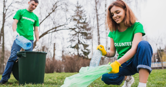 Young people picking up litter for recycling