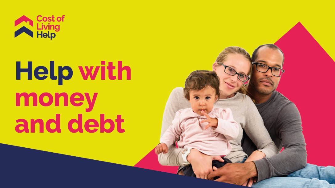 Graphic that reads 'Help with Monday & Debt' with a cut out of a family