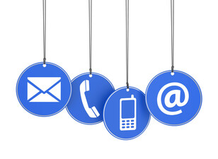 Website and Internet contact us page concept with icons on four blue hanged tags on white background.