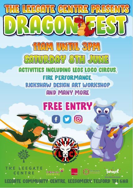 Event poster, Saturday 8 June, 11am until 3pm, free entry, Leegate Community Centre, Leegomery, TF1 6NA