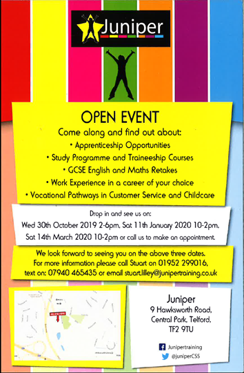 Juniper Training open event, Wednesday 30 October, 2-6pm, call 01952 299016 for details