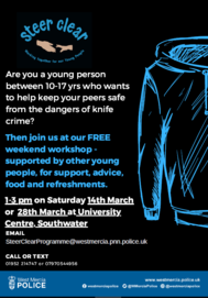 picture of flyer promoting the knife angel Steer Clear workshops being held in March