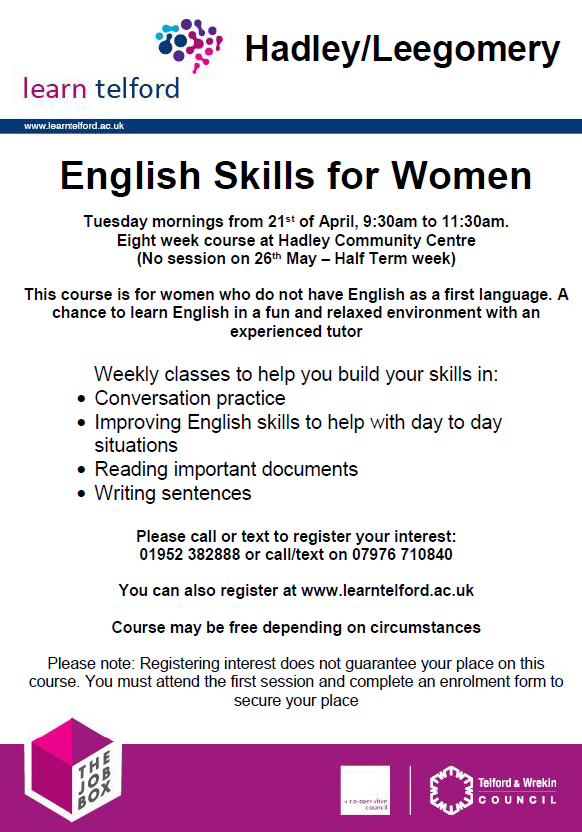 picture of a poster promoting a community course in speaking the english language