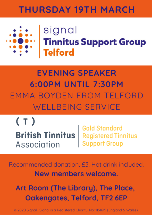 Tinnitus Support group, 19 March, 6pm, The Place, Oakengates, Telford, TF2 6EP