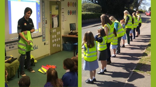 Two photos: a trainer showing a high-visibility vest to a class of children and a group of children in high-vis vests
