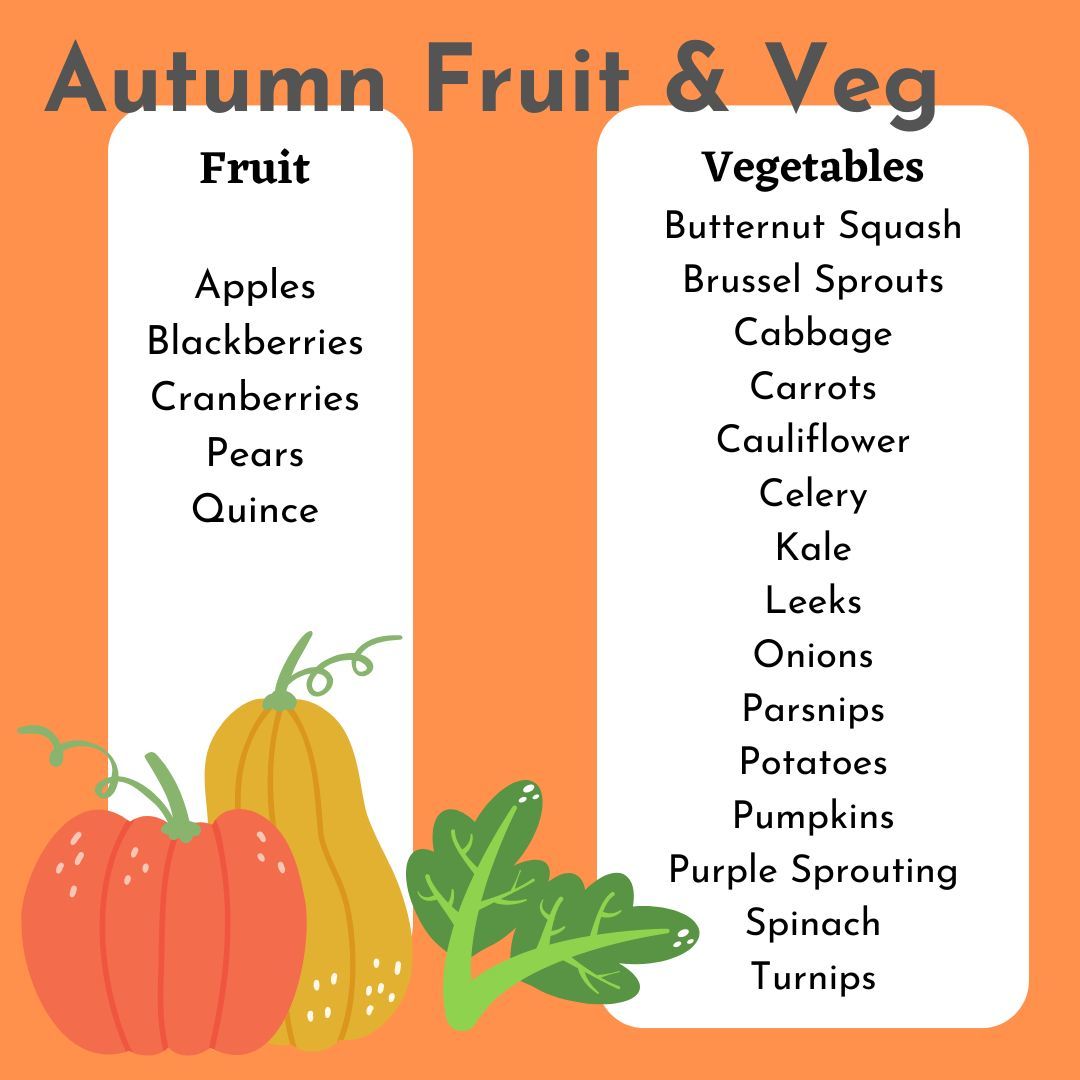 Autumn fruit & veg: apples, blackberries and pears. Cabbage, carrots, cauliflower, onions, parsnips, potatoes, sprouts and turnips