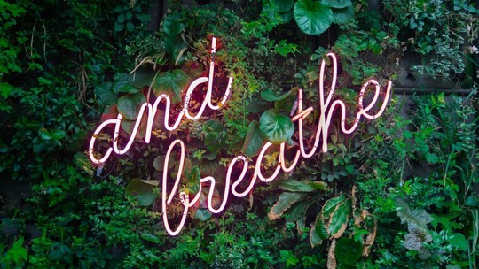 Lush greenery with the words "and breathe" in pink neon amongst the leaves