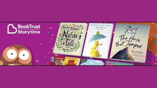 6 Picture books (not all in frame) on a purple background with confetti. The BookTrust Storytime logo is in the top left corner.