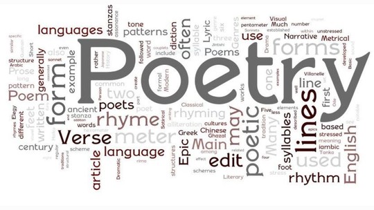 The word 'Poetry' in bold letters, surrounded by other associated words in different sizes and alignments