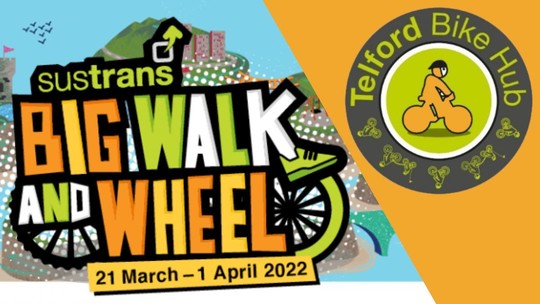 The Sustrans Big Walk and Wheels 2023 logo and and the Telford Bike Hub logo