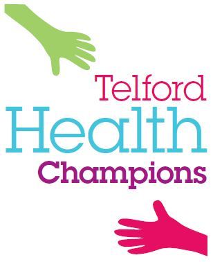 The Telford Health Champions logo - which shows those words bracketed by a green hand and a pink hand 