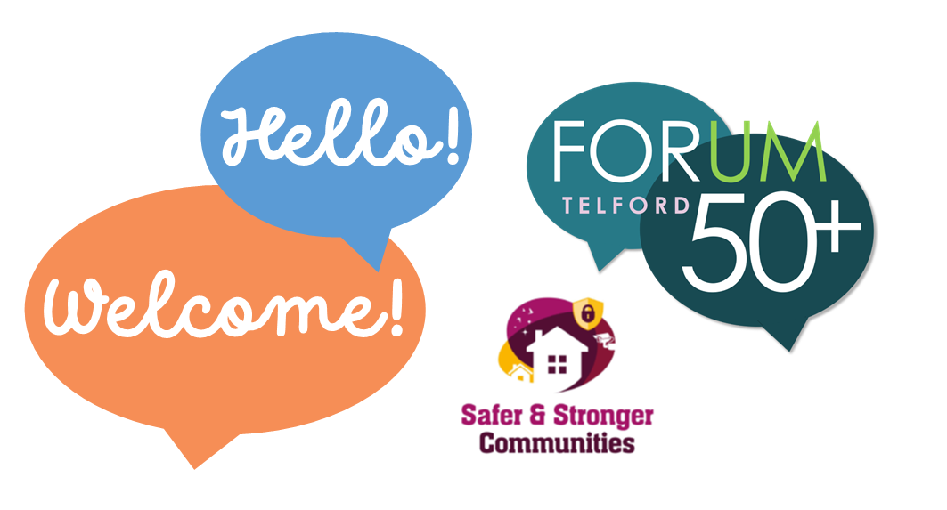 A blue speech bubble with the word 'Hello' and an orange one with the word 'Welcome' inside. Forum 50+