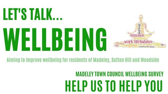Green text on a white background "Let's Talk Wellbeing, Madeley Town Council wellbeing survey"