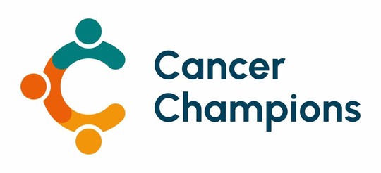 The Cancer Champions logo: a large letter C in teal, orange and yellow with dots at the top, bottom and outer edge of the C