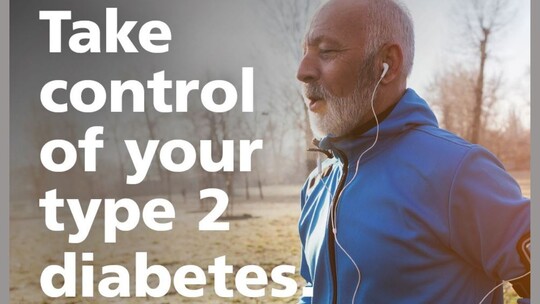 Photo of an older man in profile, wearing headphones and a sporty jacket. The words 'take control of your type 2 diabetes' on the left.