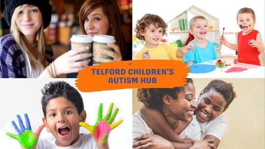 4 images: 2 girls smiling. 3 children doing a craft activity. 1 young boy with paint on his hands. And a mother and son hugging.