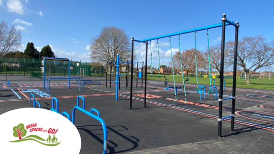 The outdoor gym at Donnington: a marked tarmac area with various pieces of exercise equipment - all painted bright blue.