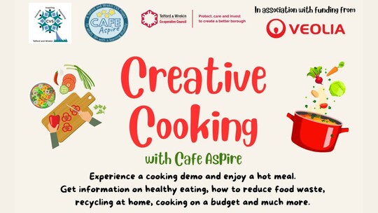 Cartoon images of vegetables on a chopping board and a big red cook pot, with text between the two. Text reads: Creative Cooking with Cafe Aspire.